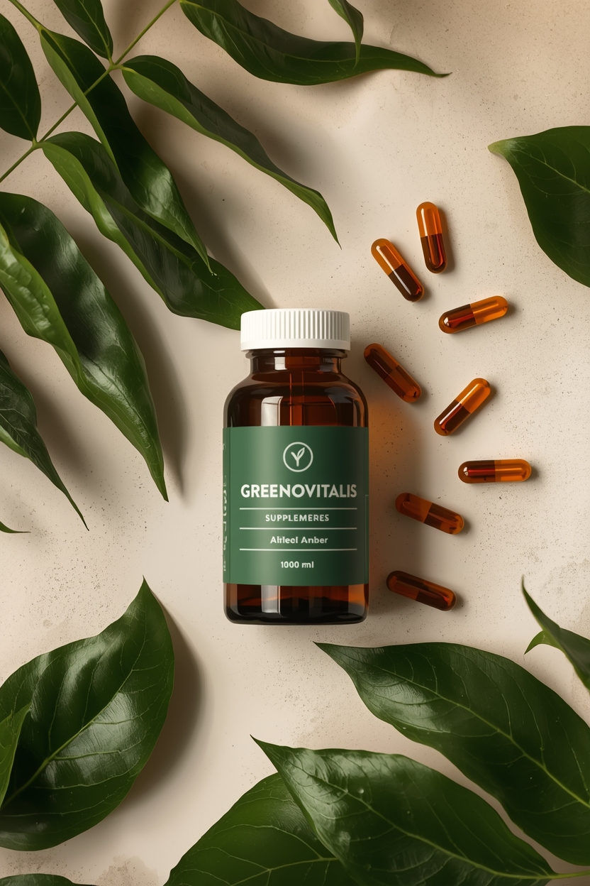 Amber glass supplement bottle beside natural leaves on a neutral surface